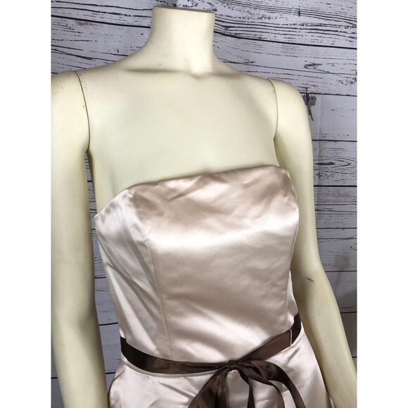 NWT Bill Levkoff Tan Satin Brown Belt Strapless Formal Bridesmaid Dress size 10 - Picture 6 of 12